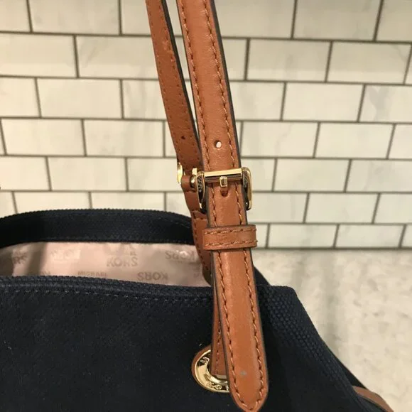 Michael Kors Tote Bag Womens Large Blue Canvas Leather Shoulder Purse MK Charm - Picture 6 of 14